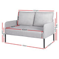 Light grey 2-seater sofa dimension diagram: 117cm wide, 79cm tall, 73.5cm deep, seat height 39cm, back height 67.5cm