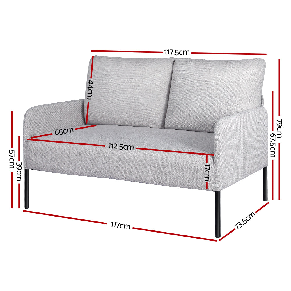 Light grey 2-seater sofa dimension diagram: 117cm wide, 79cm tall, 73.5cm deep, seat height 39cm, back height 67.5cm