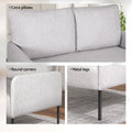 Grey 2-seater sofa detail panels: extra back pillows, round corner armrest, and black metal legs callouts