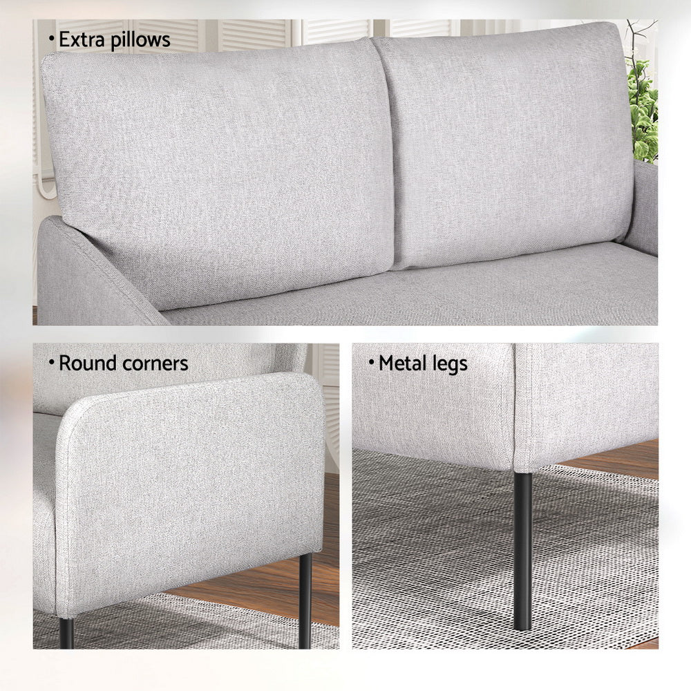 Grey 2-seater sofa detail panels: extra back pillows, round corner armrest, and black metal legs callouts