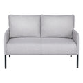 Light grey fabric 2-seater sofa with two back cushions and black metal legs, direct front view on white background