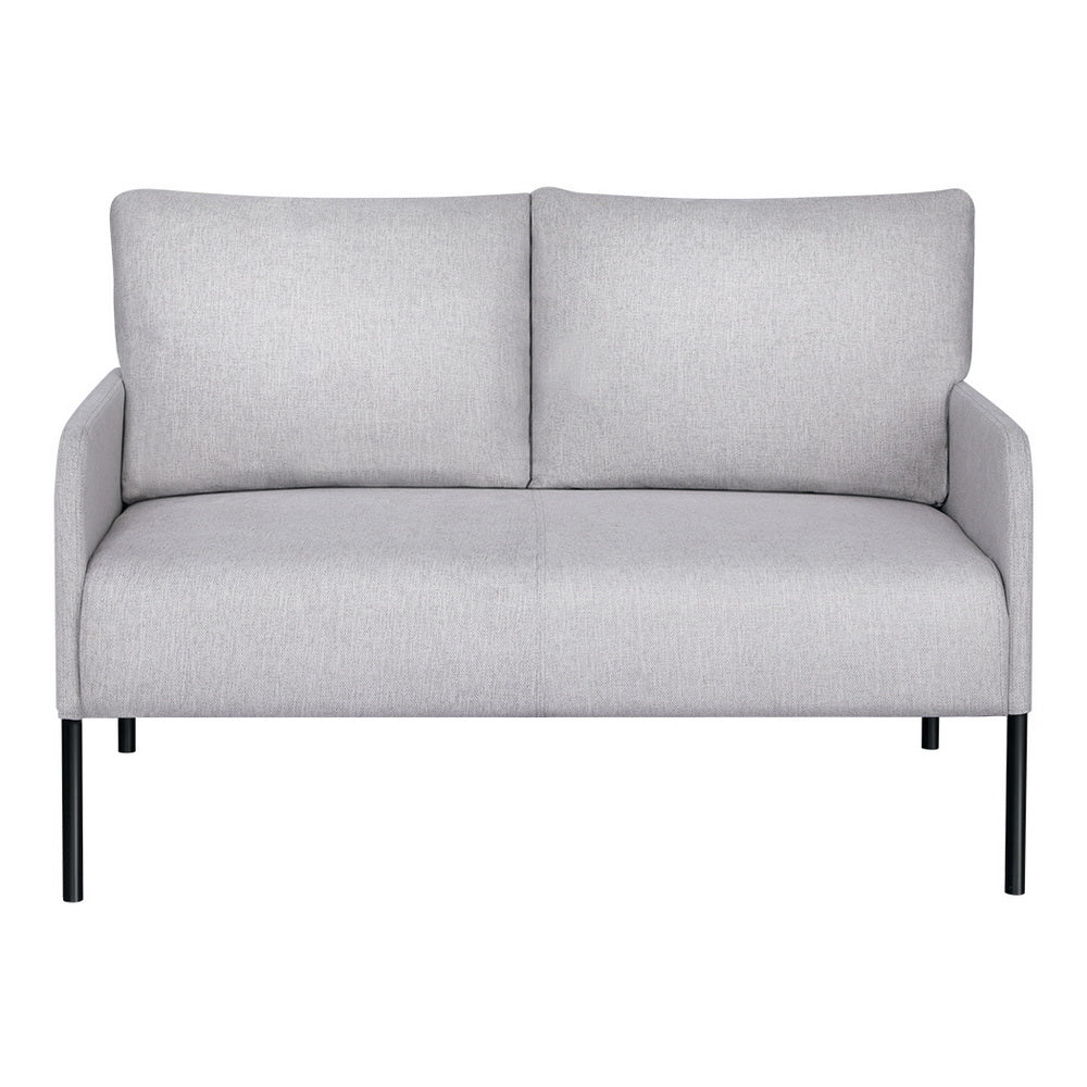Light grey fabric 2-seater sofa with two back cushions and black metal legs, direct front view on white background