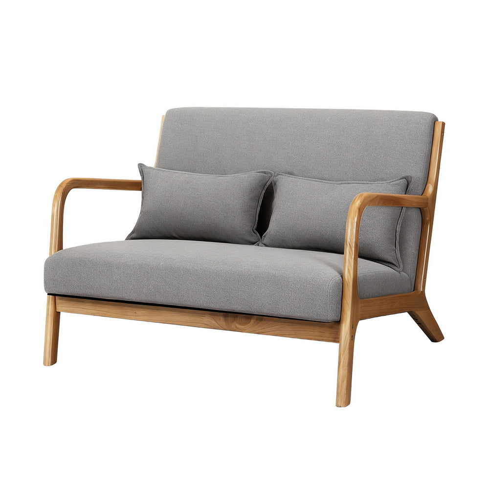 Grey fabric 2-seater sofa with natural wood frame, open rounded armrests and two grey cushions, angle view