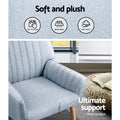 Light grey fabric accent chair feature panel showing Easy to clean Breathable Soft touch icons and 7cm seat depth