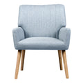 Light grey fabric accent chair with vertical channel stitching on backrest front view on white background