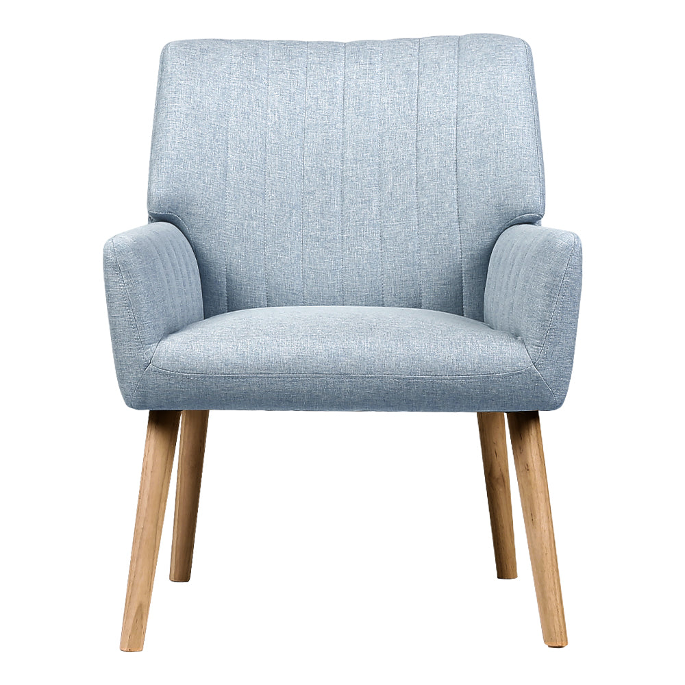 Light grey fabric accent chair with vertical channel stitching on backrest front view on white background