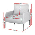 Grey fabric armchair dimensions: 68.5cm wide, 73.5cm deep, 79cm tall, seat 64cm wide, 65cm deep, 39cm leg height