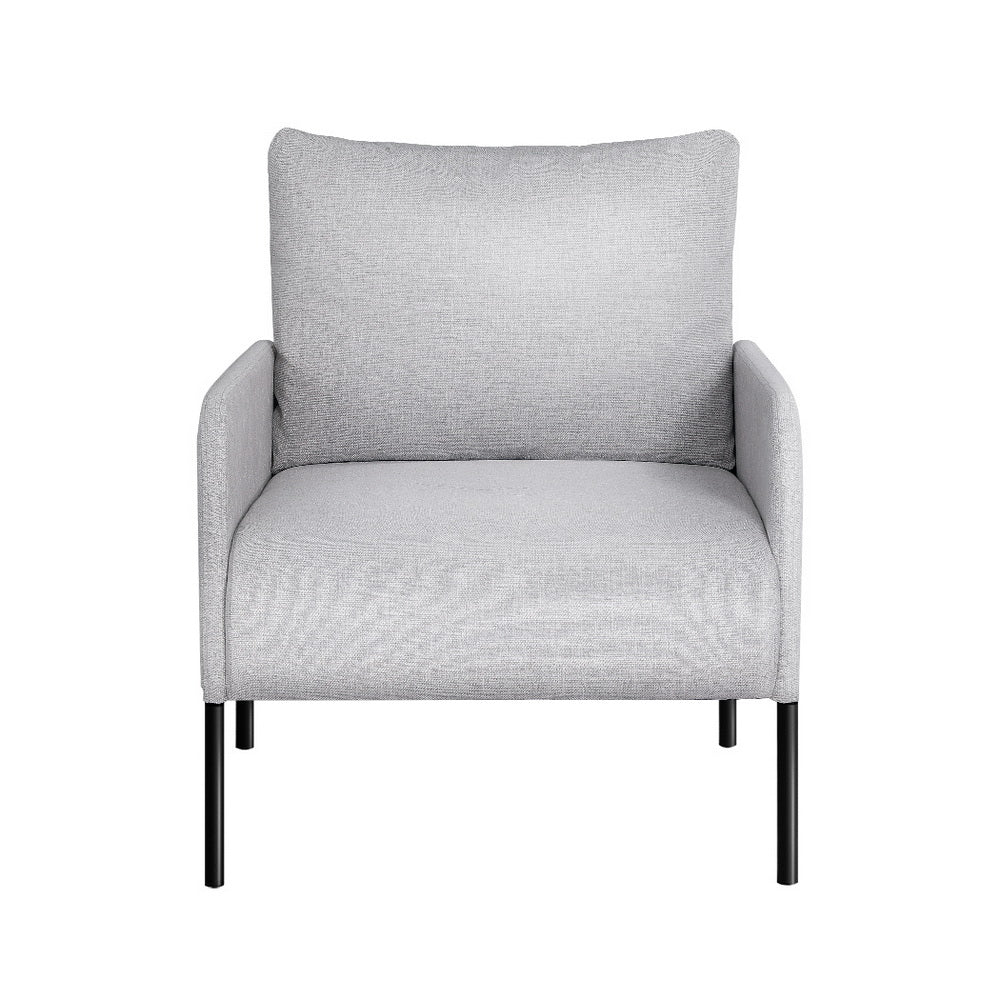 Light grey fabric armchair with black metal legs, cushioned back and seat, front view on white background