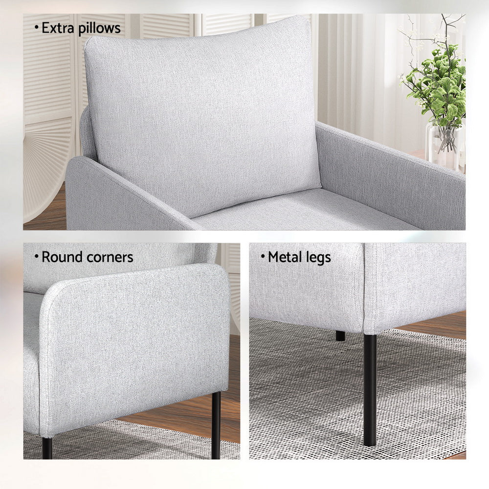 Three detail panels of grey fabric armchair: "Extra pillows" back cushion, "Round corners" armrest, "Metal legs" close-up