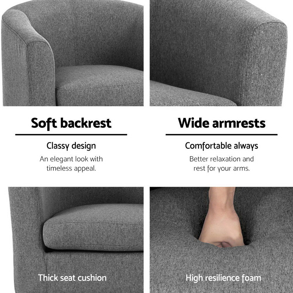 Four-panel detail of grey fabric barrel armchair: soft backrest, wide armrests, thick seat cushion, high resilience foam