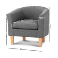 Dimensions diagram of grey fabric barrel armchair: 70W 67.5H cm, seat 49x47cm, seat height 43cm, arm height 14cm, wood legs