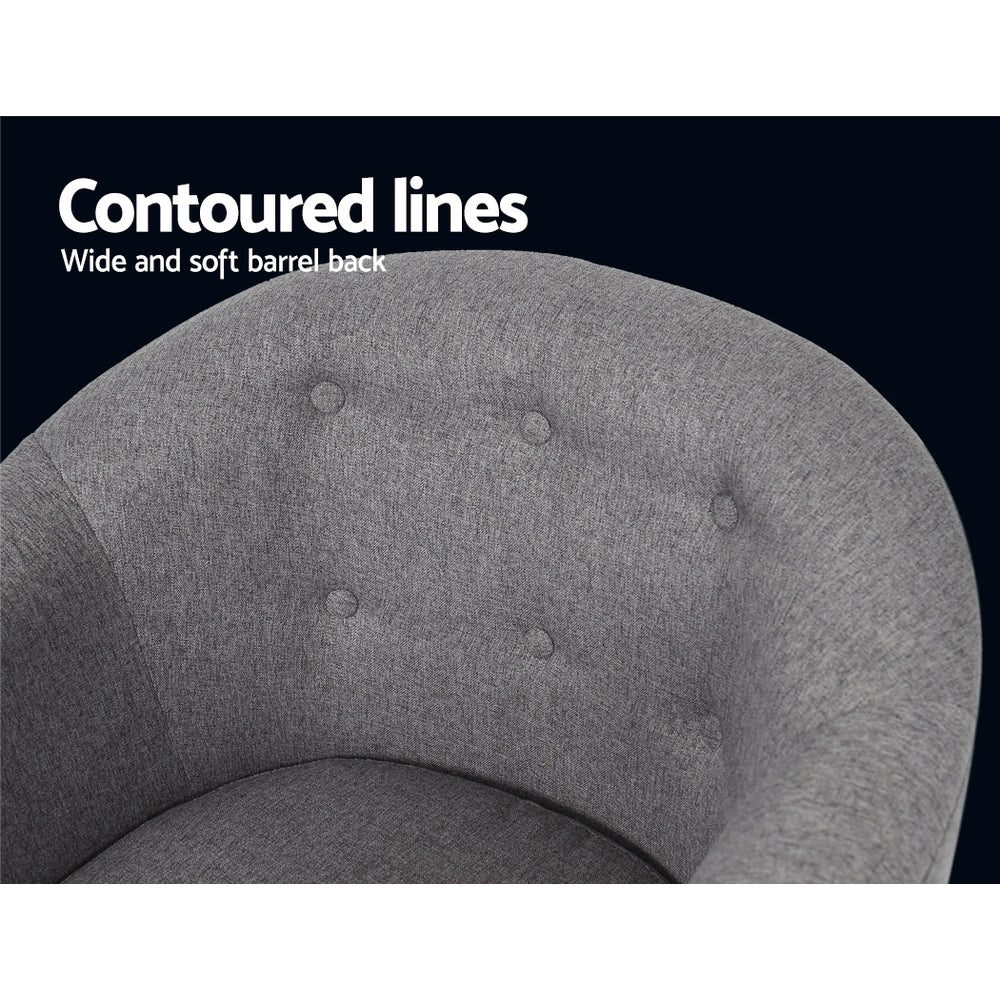 Grey fabric barrel chair close-up of button-tufted barrel back, text: Contoured lines, Wide and soft barrel back