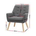 Grey fabric button-tufted armchair dimension diagram: 80cm tall, 58cm wide, 50cm deep, seat 46cm wide, legs 28cm