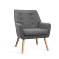 Grey fabric button-tufted armchair with wood splayed legs, five-button backrest, three-quarter view on white background
