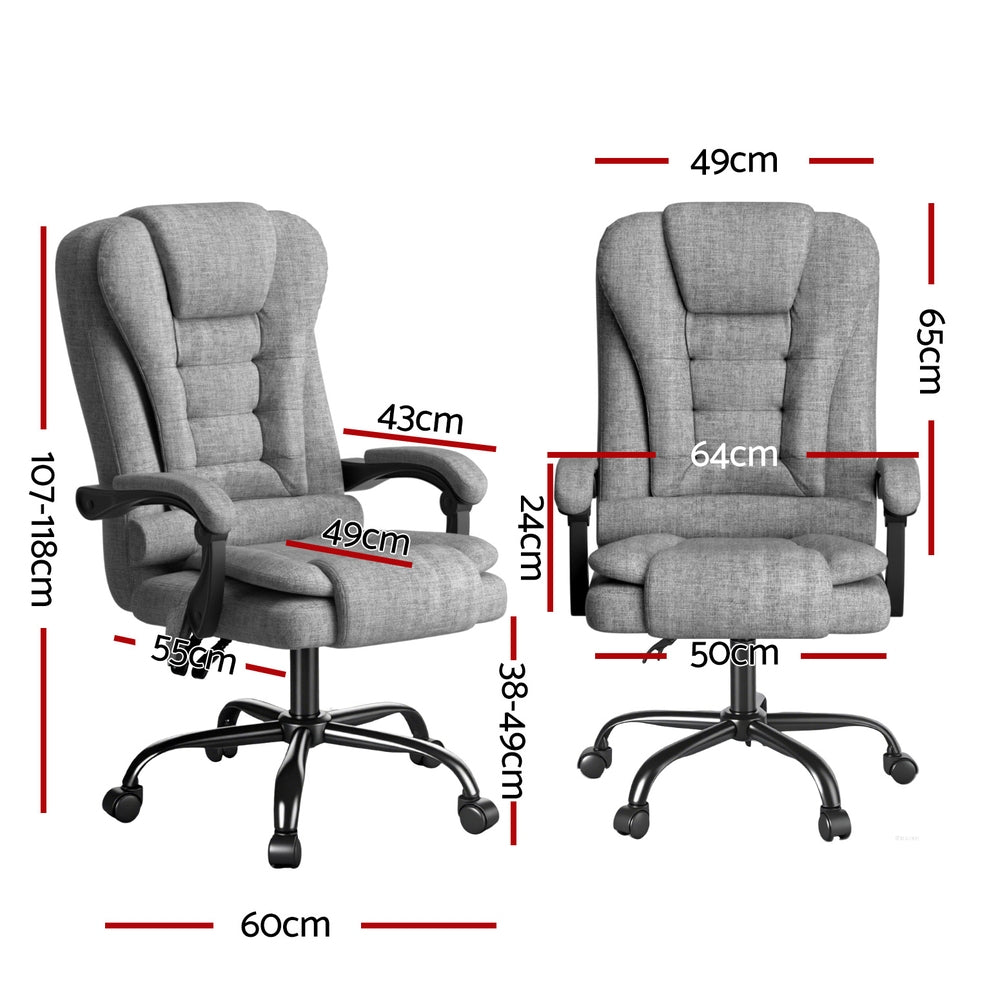 Grey fabric massage office chair dimensions diagram front and side views 107-118cm height 60cm base width