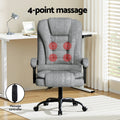 Grey fabric office chair 4-point massage infographic showing controller in home office lifestyle setting