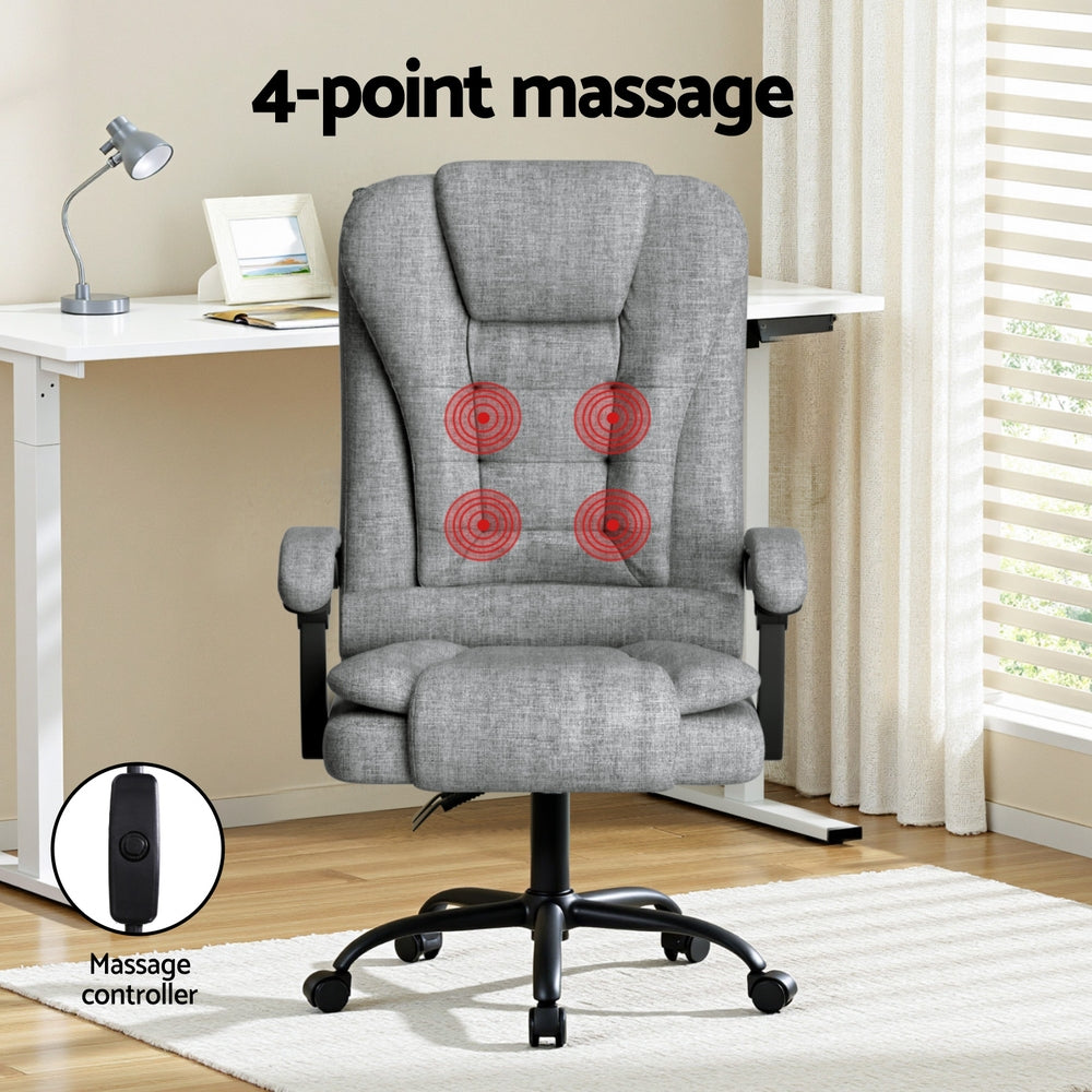 Grey fabric office chair 4-point massage infographic showing controller in home office lifestyle setting
