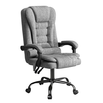 Grey fabric high-back massage office chair with padded armrests and black metal base on white background