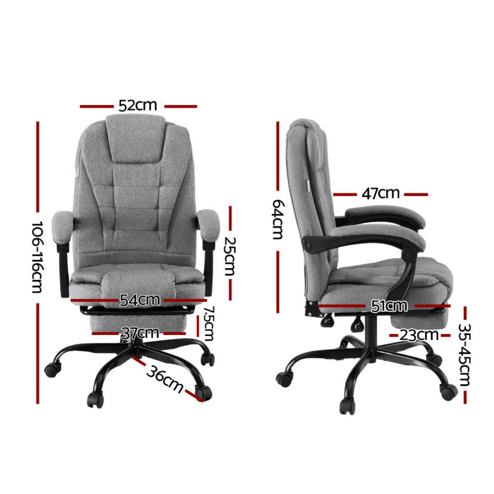 Grey fabric high-back office chair dimensions diagram 106-116cm height 52cm width front and side views