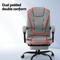 Grey fabric office chair dual padded double conform infographic with red highlights on ergonomic zones