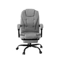 Grey fabric high-back office chair front view with footrest extended on white background