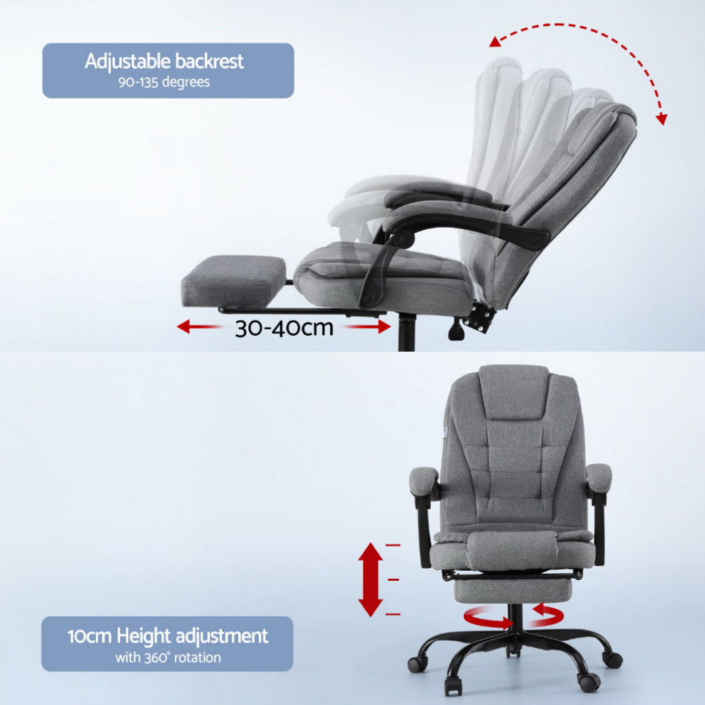 Grey fabric office chair adjustable backrest 90-135 degrees with 30-40cm footrest and height adjustment diagram