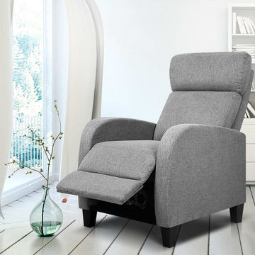 Dimensions of grey push-back recliner: 59W 102H cm, seat 49cm, 65cm base, reclined 145cm length, footrest 13cm