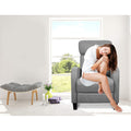 Grey recliner features: 13cm thick cushion, steel rack mechanism, seamless armrest, fabric detail close-up