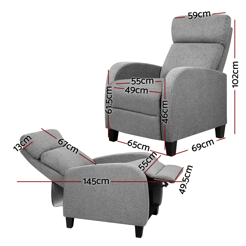 Grey fabric push-back recliner with adjustable headrest pad and tapered arms, front view on white background