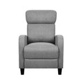 Grey push-back recliner in four side-view positions from upright to reclined with footrest, white background