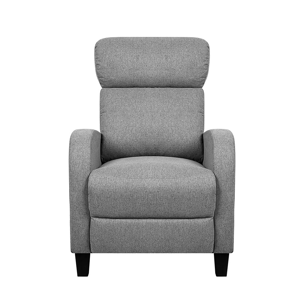 Grey push-back recliner in four side-view positions from upright to reclined with footrest, white background