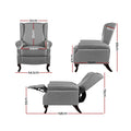 Grey fabric recliner armchair 3-view dimension diagram: 99cm tall, 64.5cm wide, 158cm fully reclined