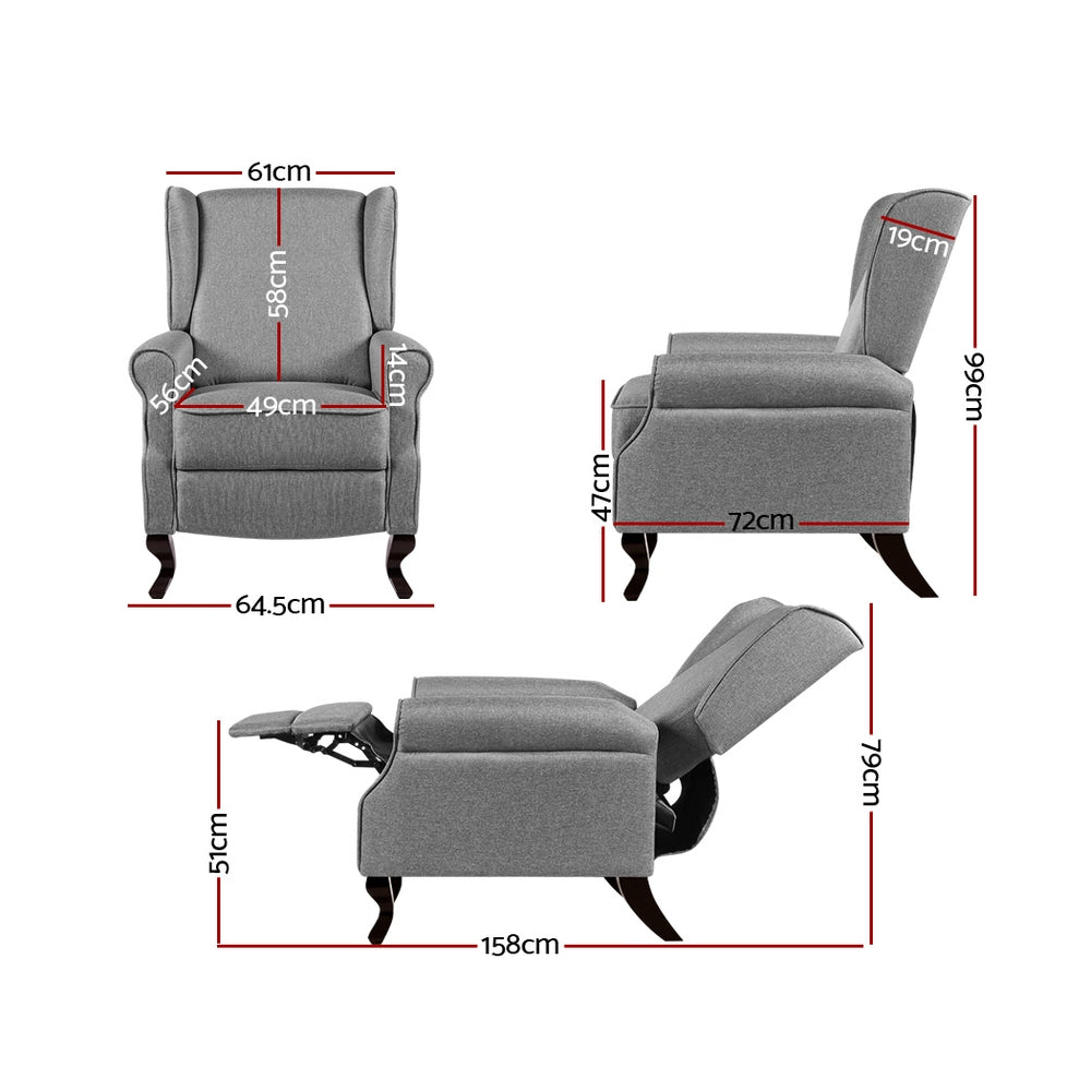 Grey fabric recliner armchair 3-view dimension diagram: 99cm tall, 64.5cm wide, 158cm fully reclined