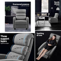 Grey fabric recliner 4-panel: lifestyle view, 150KG steel base, three support layers neck-upper-lower, woman fully reclined