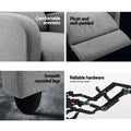 Four-panel detail of grey fabric recliner: padded armrest, segmented back, rounded black leg, and steel reclining mechanism