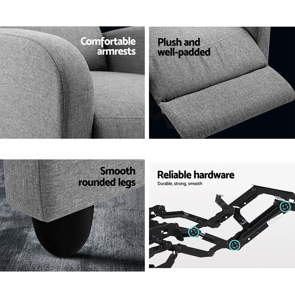 Four-panel detail of grey fabric recliner: padded armrest, segmented back, rounded black leg, and steel reclining mechanism