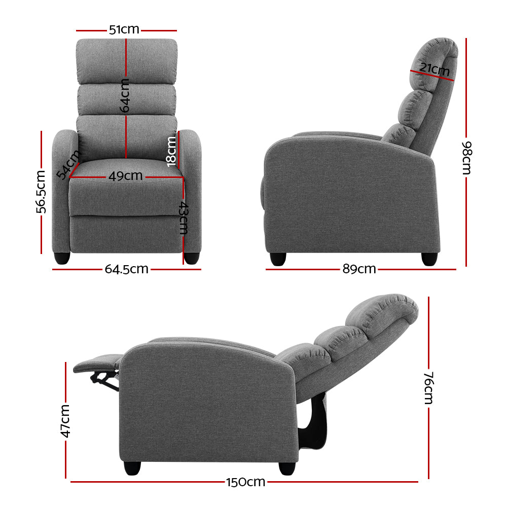 Three-view dimensions of grey fabric recliner: 64.5W 56.5H cm upright, 89D 98H cm side, 150cm fully reclined, seat 49cm wide