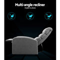 Grey fabric recliner fully reclined on black background, icons showing three recline angles: 110, 125 and 135 degrees