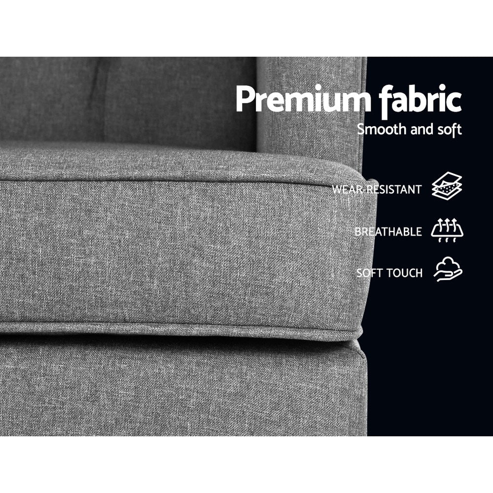 Grey fabric chair seat and arm close-up with Premium fabric, Wear-resistant, Breathable, Soft touch feature badges