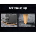 Grey fabric wingback chair two leg options: rocking runners close-up on left and tapered natural wood leg on carpet on right
