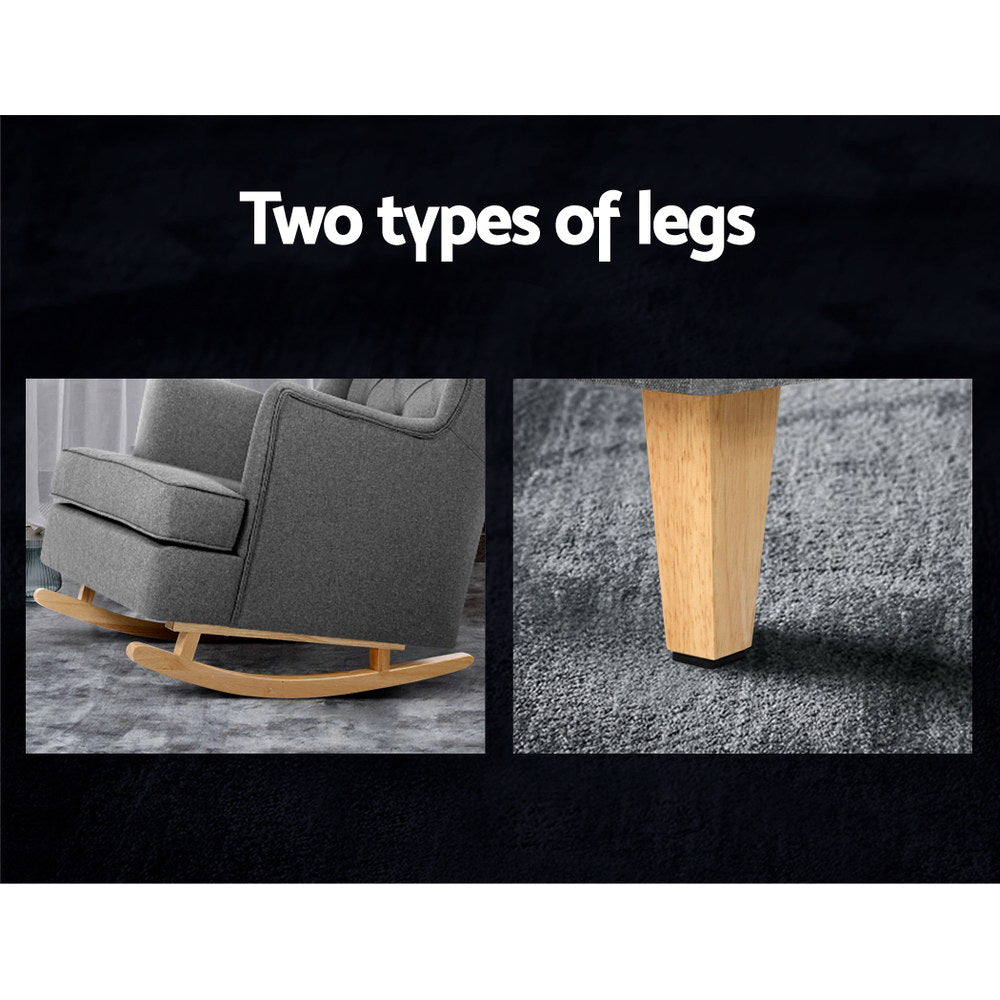 Grey fabric wingback chair two leg options: rocking runners close-up on left and tapered natural wood leg on carpet on right