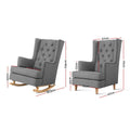 Grey fabric rocking chair dimension diagram: two views showing 104cm and 111cm tall versions with key measurements
