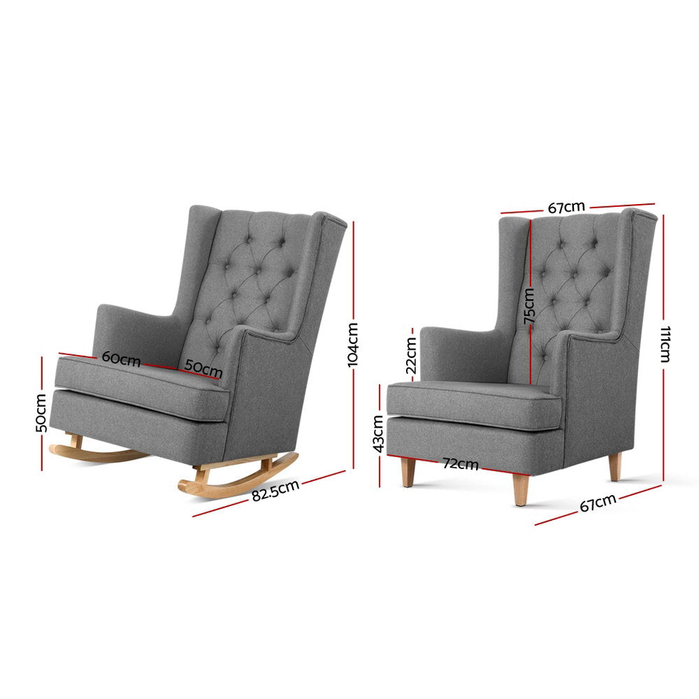 Grey fabric rocking chair dimension diagram: two views showing 104cm and 111cm tall versions with key measurements