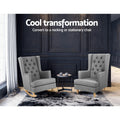 Two grey tufted high-back chairs in dark room, one rocking one stationary, text: Convert to a rocking or stationary chair