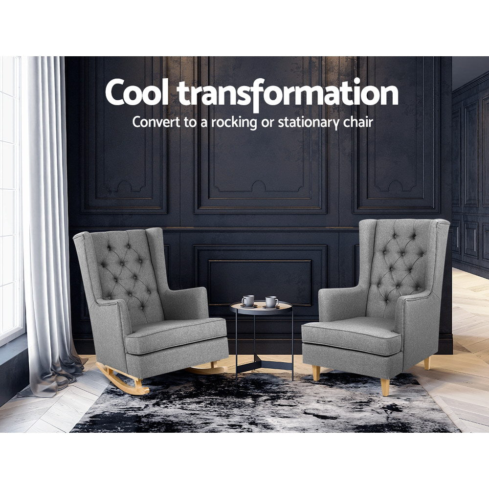 Two grey tufted high-back chairs in dark room, one rocking one stationary, text: Convert to a rocking or stationary chair