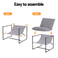 Grey sling armchair two-step assembly diagram: step 1 attach fabric sling to metal frame, step 2 drop cushions onto frame