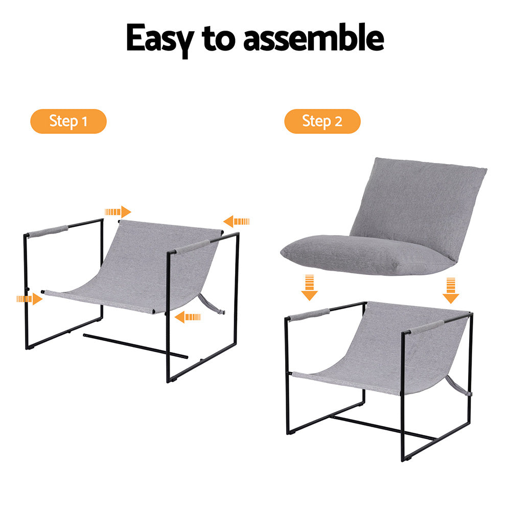 Grey sling armchair two-step assembly diagram: step 1 attach fabric sling to metal frame, step 2 drop cushions onto frame