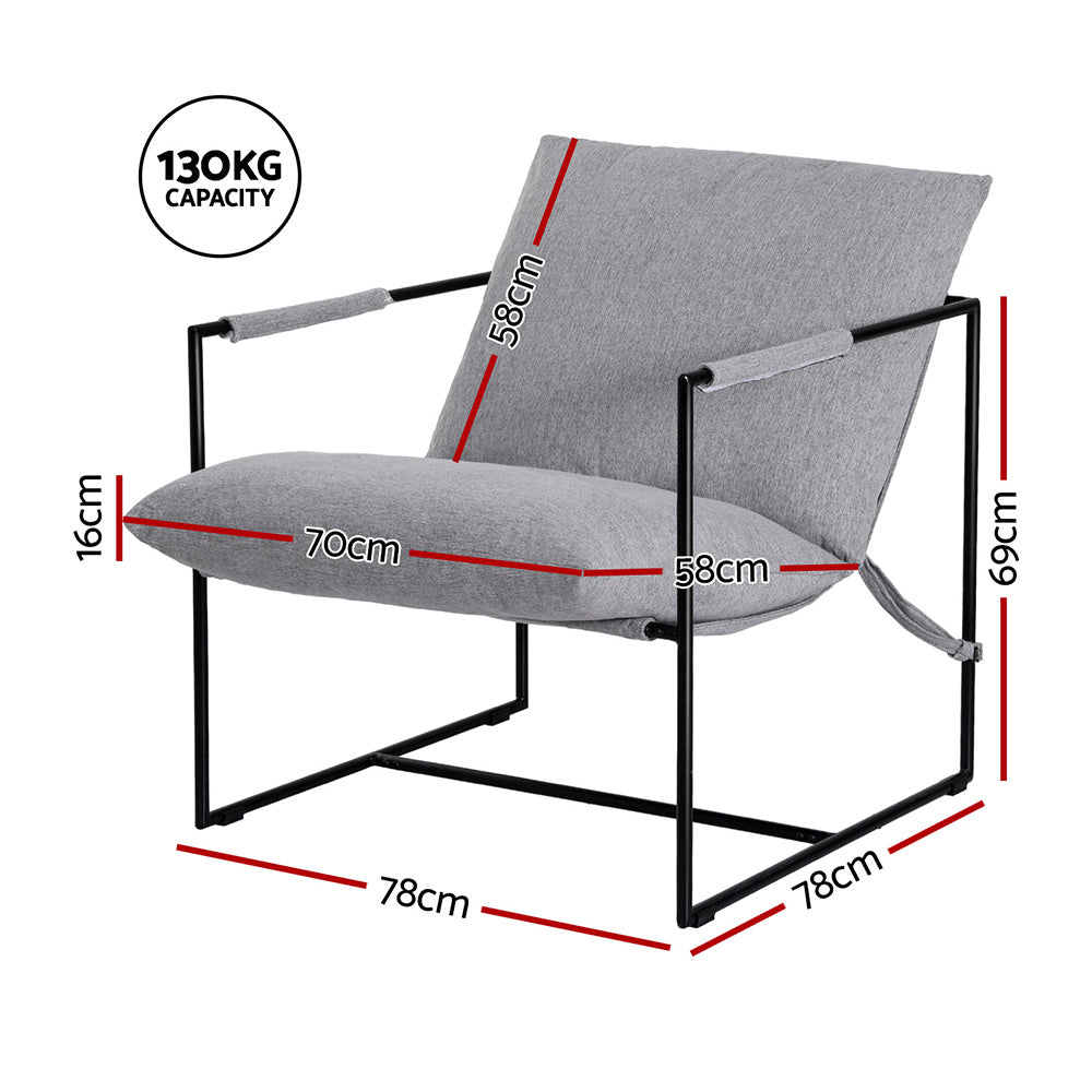 Grey fabric sling armchair dimension diagram: 78cm wide 69cm tall, seat 70cm wide 58cm deep, 16cm cushion, 130kg capacity