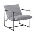 Grey fabric sling armchair with black metal tubular frame and fabric armrests, three-quarter angle on white background