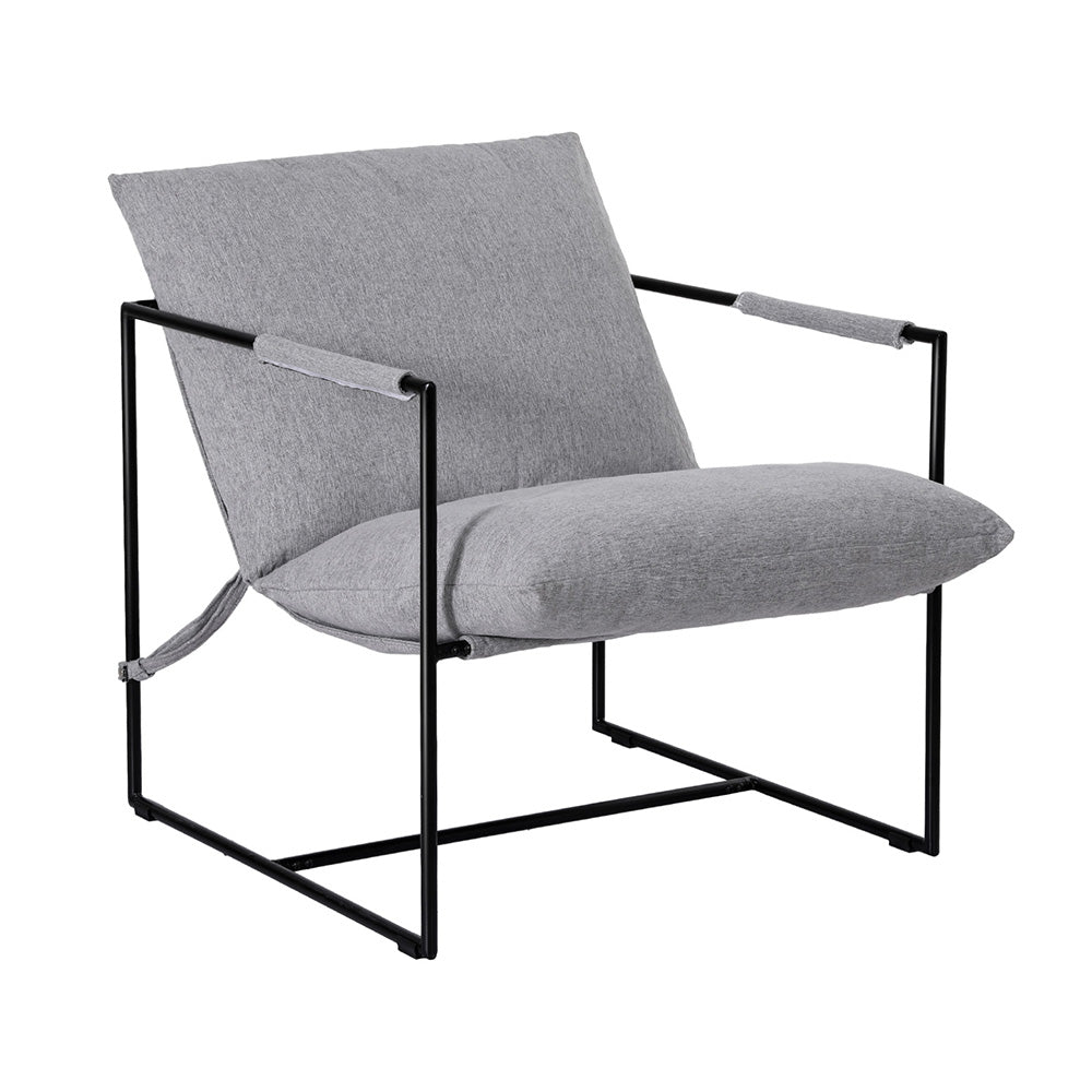 Grey fabric sling armchair with black metal tubular frame and fabric armrests, three-quarter angle on white background
